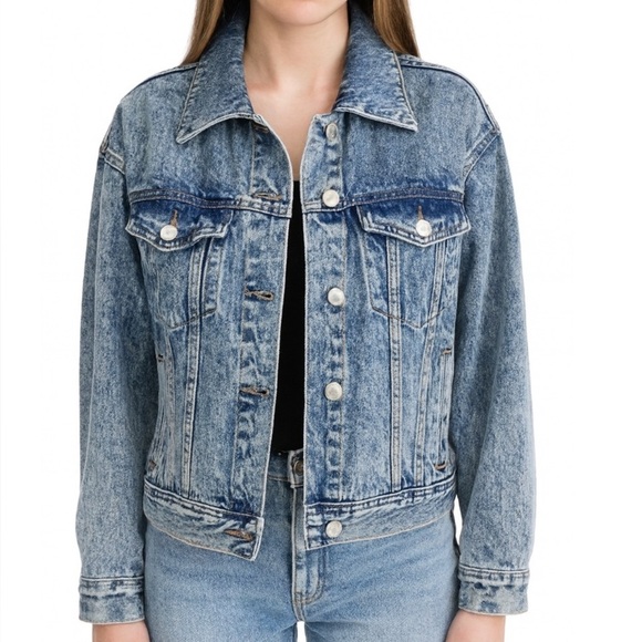 DIVIDED brand stone washed Y2K throwback style button up jean/denim jacket SZ L - Picture 1 of 8